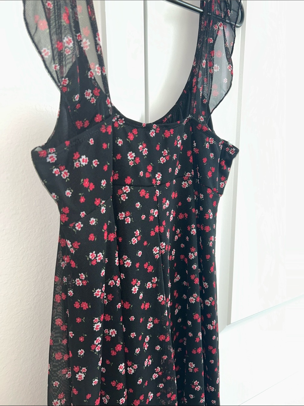 See You Monday Black Dress with Pink Floral Mesh Overlay - Picture 6 of 7
